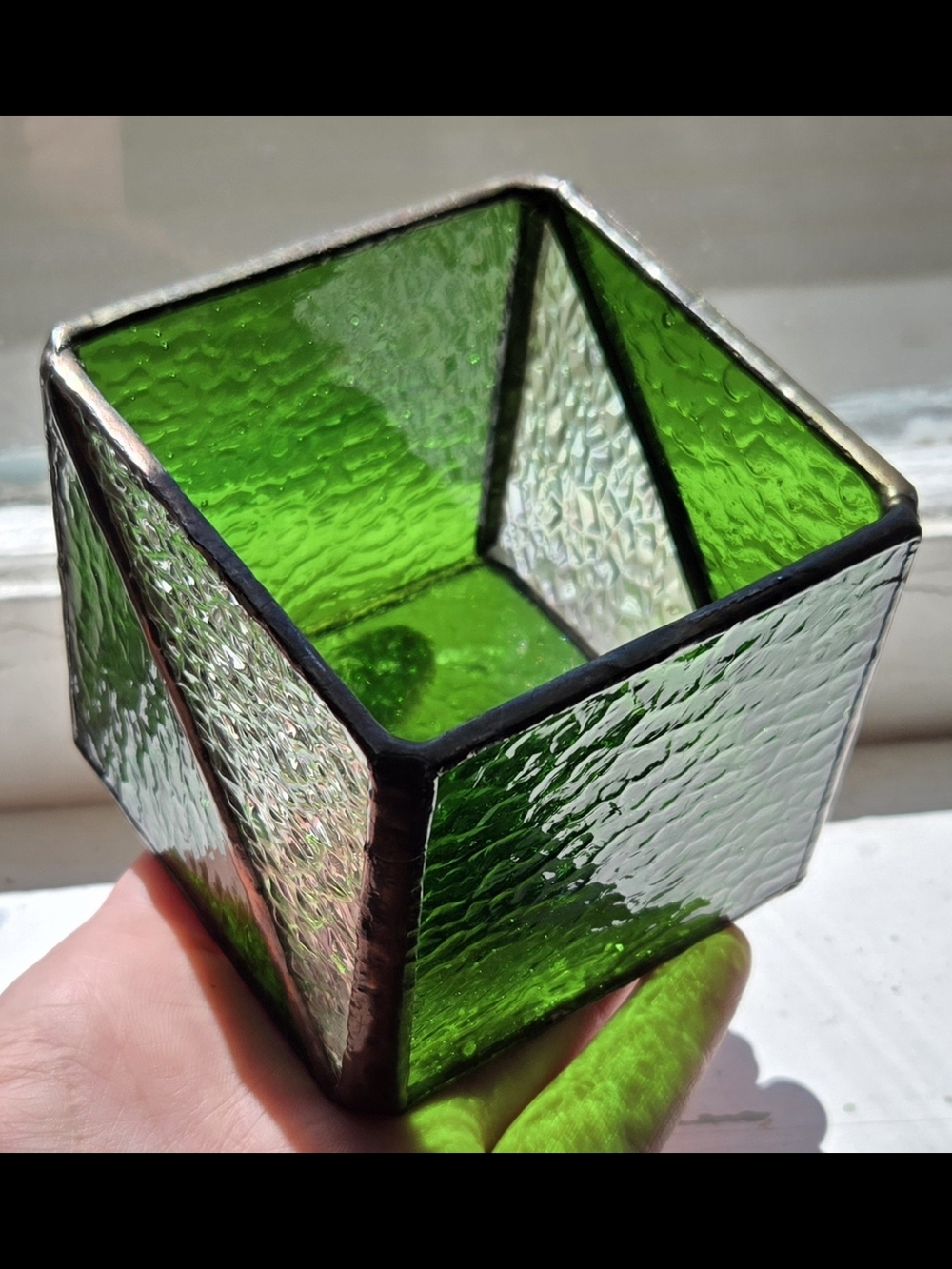 Green And Iridescent Clear Stained Glass Candle Holder, Votive